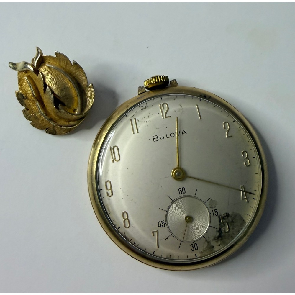 Vtg Bulova 17AH 17J 42mm 10k Roll Gold Plate Untest Trifari Gold Tone Leaf Clip